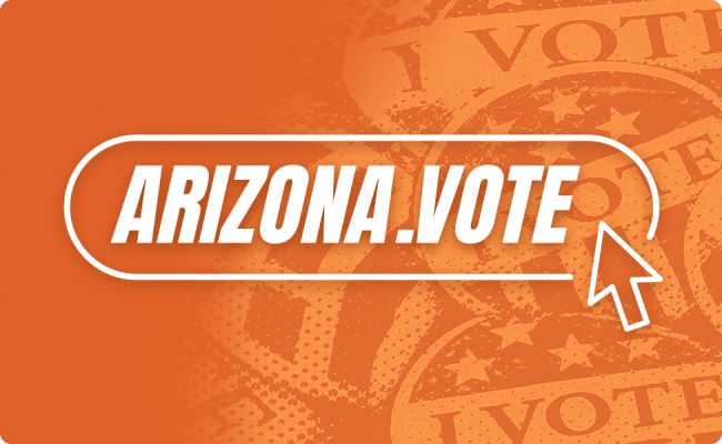 Arizona Dot Vote Logo Image in white on an orange background with vote stickers in the background.
